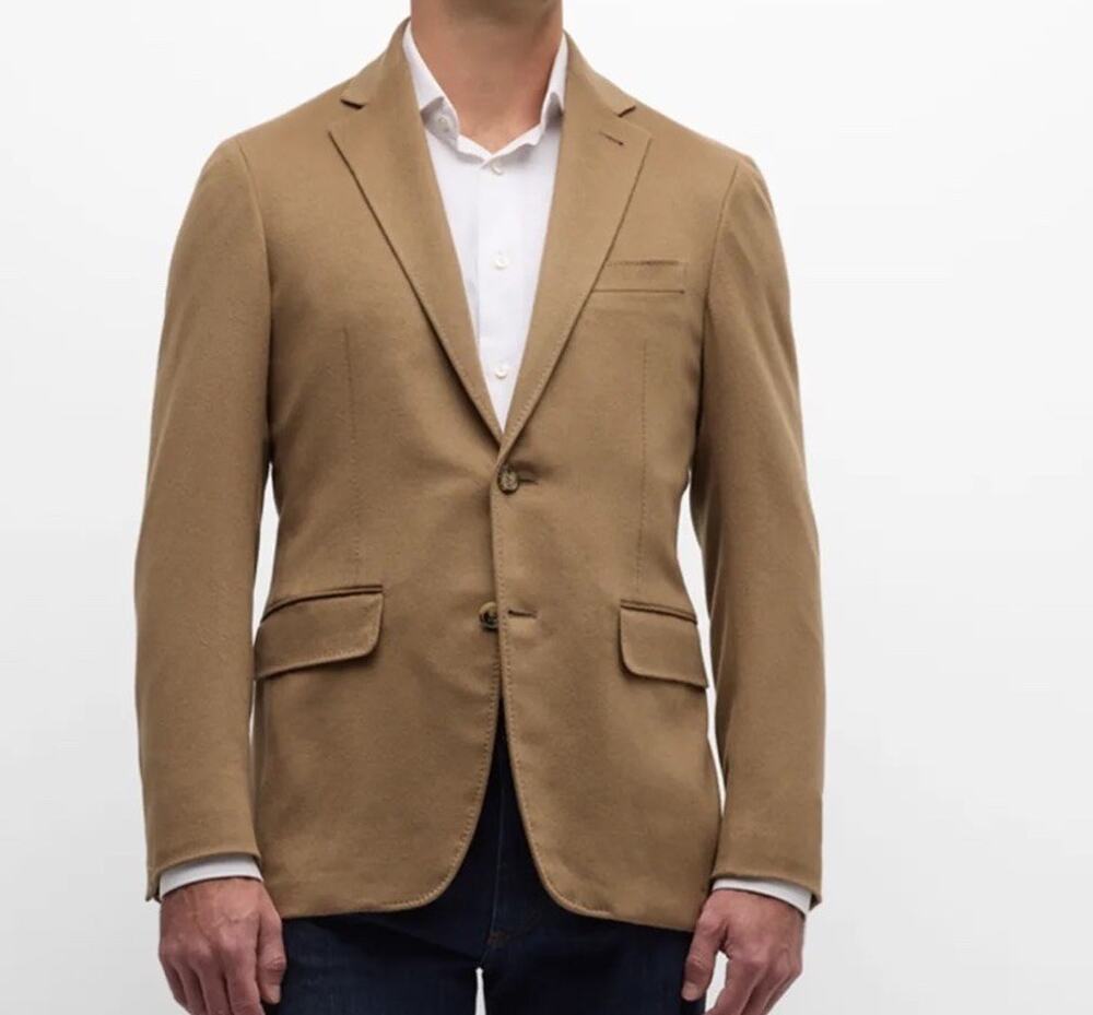FENZIA 100% PURE CASHMERE Men's Sport coat Blazer 3 Button Camel 48L Jacket